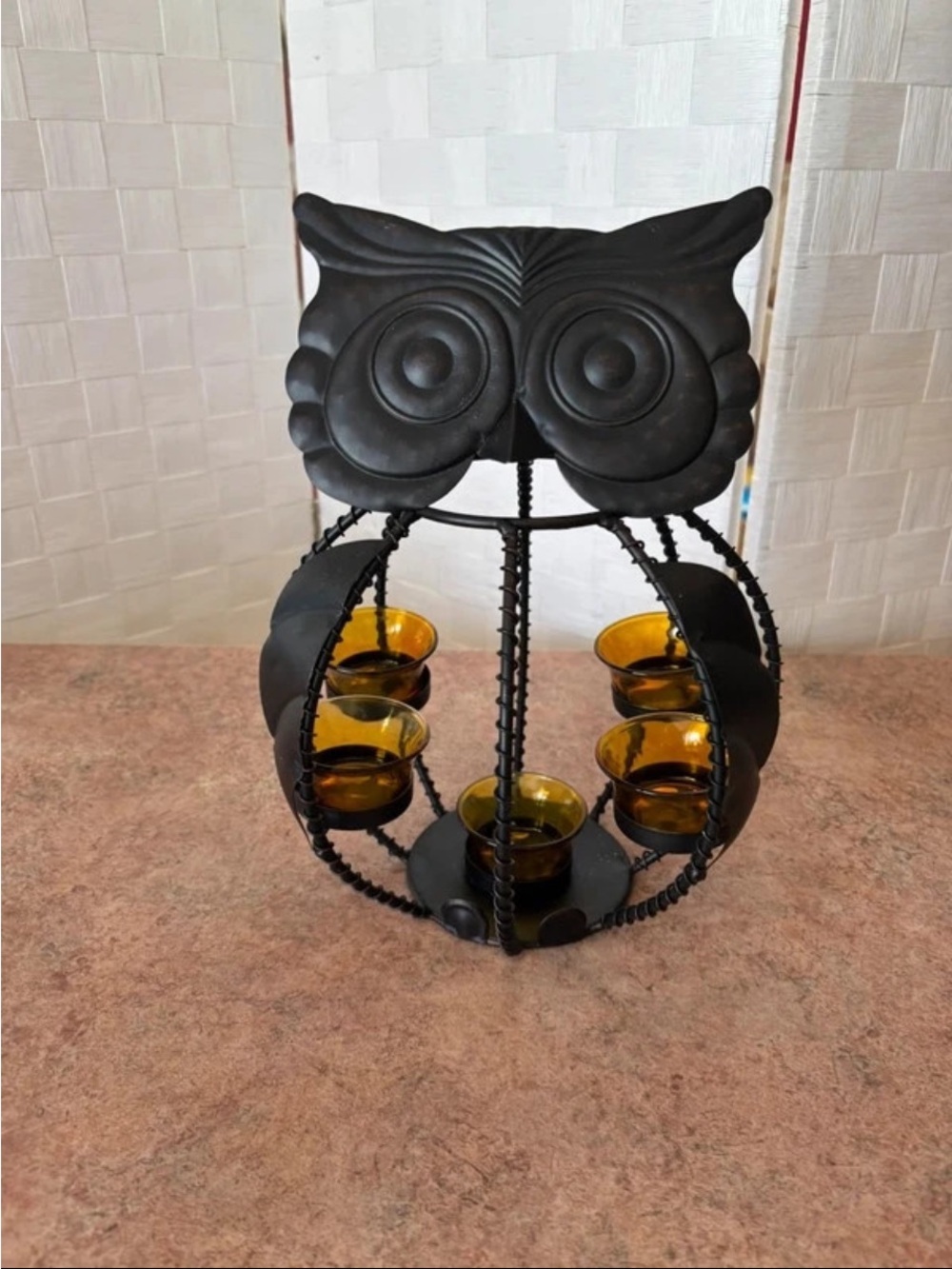 Decorative Owl Tea Light Holder with Amber Glass Cups